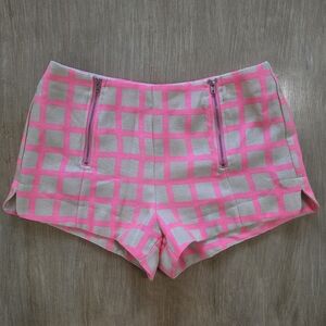 JOA Neon Pink & Taupe Checkered Lined Zip-Detail Shorts | Size M